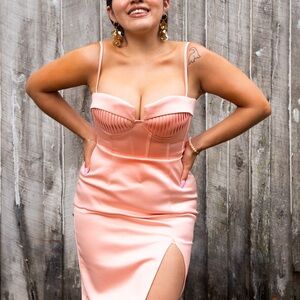 Lavish Alice pleated satin corset midi dress peach